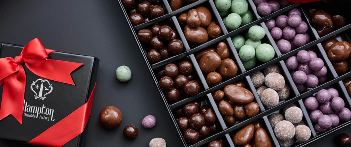 Assorted box of chocolates with Hampton Chocolate Factory logo
