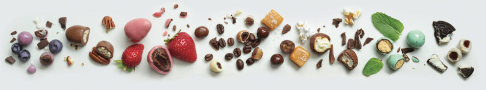 Various pieces of chocolate with fruit and flavor callouts like mint, caramel, strawberry and blueberry