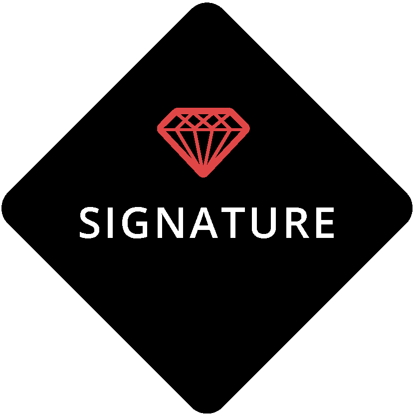 Graphic with the Hampton Chocolate brand red diamond above the text "Signature"
